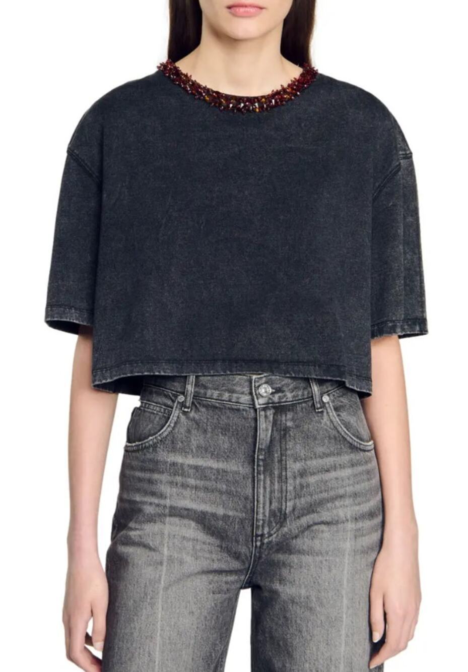 Sandro Saturne Embellished Tee Acid Wash Gray Beaded Neck Cropped Top